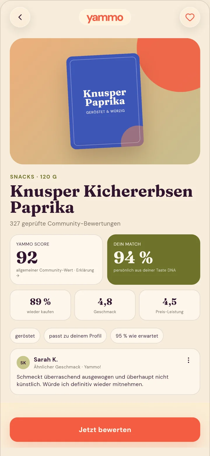 Produktseite in der Yammo-App: 89 % würden wieder kaufen, 4,5 für Preis-Leistung