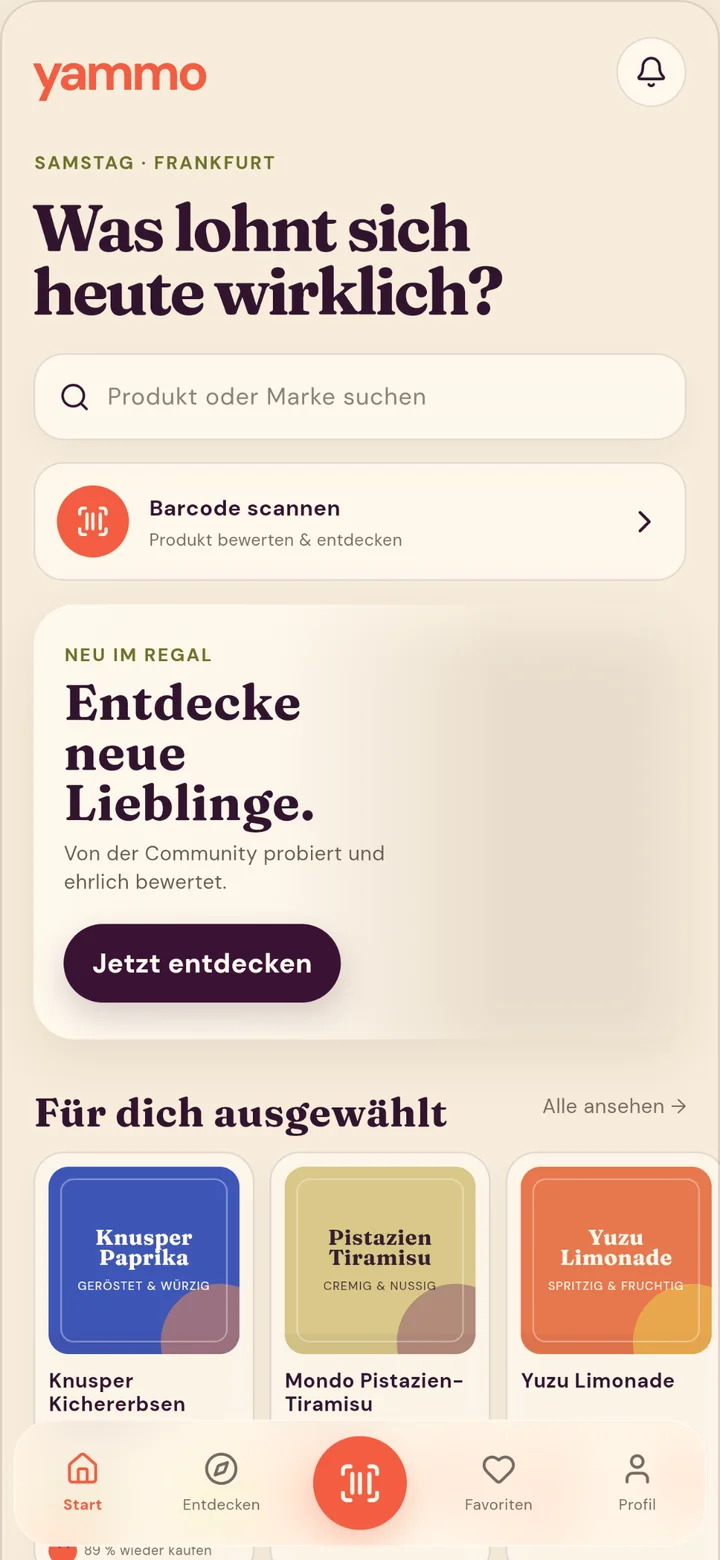 Der Startbildschirm der Yammo-App mit der Frage „Was lohnt sich heute wirklich?“