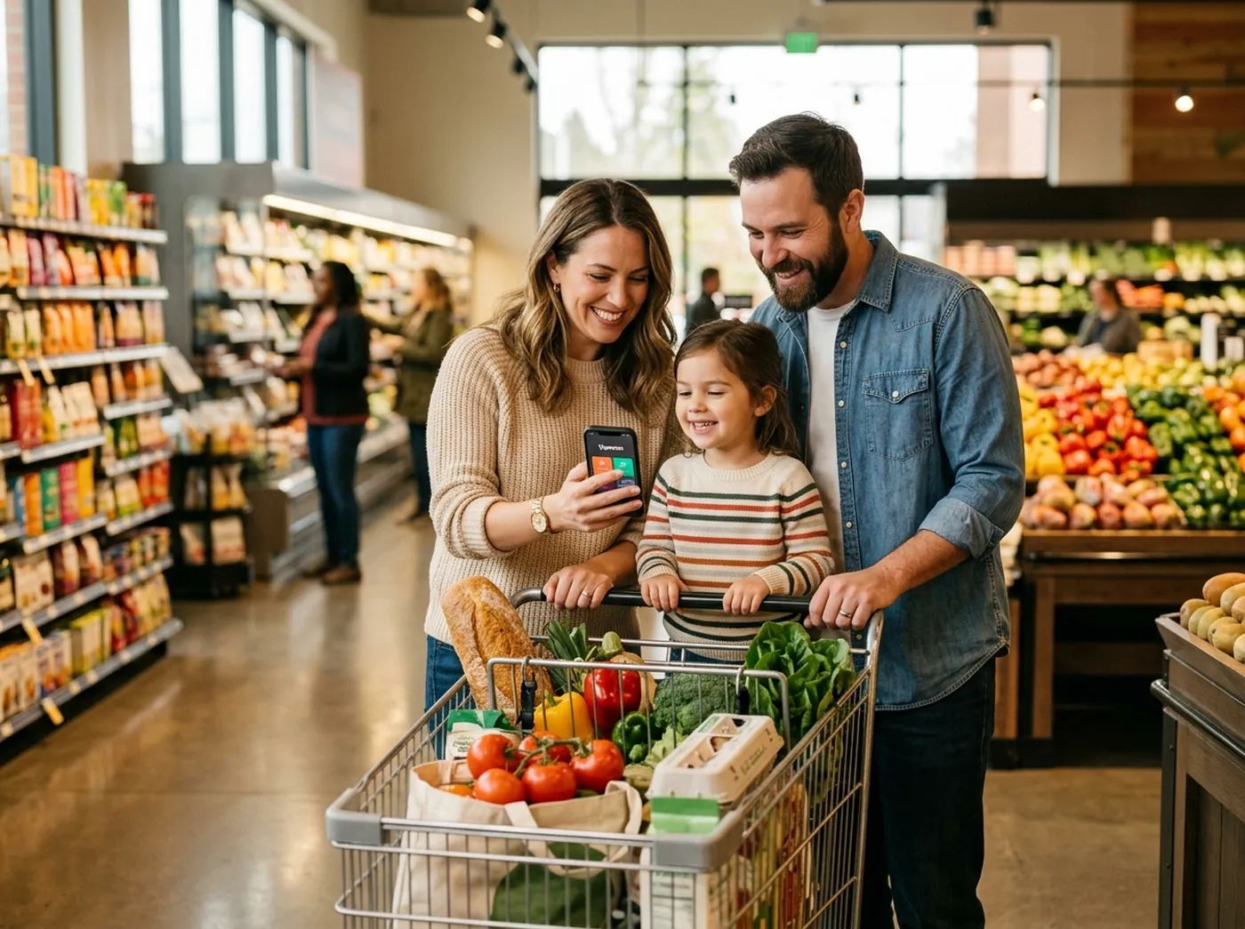 Eine Familie beim Einkauf im Supermarkt, mit dem Smartphone in der Hand